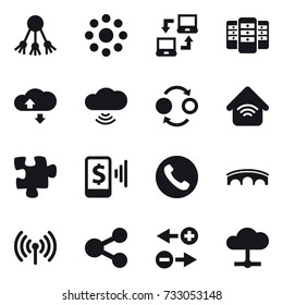 16 vector icon set : share, round around, notebook connect, server, cloude service, cloud wireless, quantum bond, wireless home, puzzle, mobile pay, phone, bridge, wireless