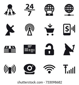 16 vector icon set : share, 24/7, notebook globe, globe connect, satellite antenna, antenna, add to cart, mobile pay, unlocked