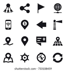 16 vector icon set : share, flag, globe connect, phone wireless, dollar pin, left arrow, lighthouse, map, handwheel, compass, reload