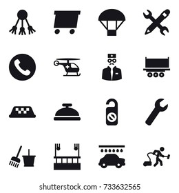 16 vector icon set : share, delivery, parachute, pencil wrench, phone, taxi, service bell, do not distrub, wrench, bucket and broom, skyscapers cleaning, car wash, vacuum cleaner