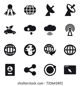 16 vector icon set : share, globe, satellite antenna, eco car, cloude service, cloud wireless, antenna, passport
