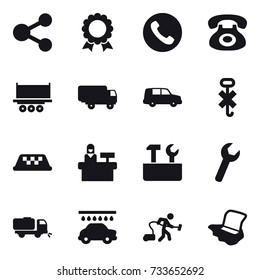 16 vector icon set : share, medal, phone, taxi, reception, repair tools, sweeper, car wash, vacuum cleaner, floor washing