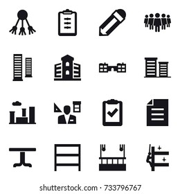 16 vector icon set : share, clipboard, pencil, team, skyscrapers, building, school, district, city, architector, table, rack, skyscapers cleaning, skyscrapers cleaning