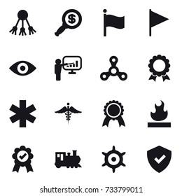 16 vector icon set : share, dollar magnifier, flag, eye, presentation, spinner, medal, train, handwheel