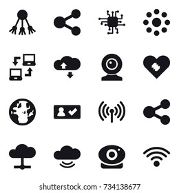 16 vector icon set : share, chip, round around, notebook connect, cloude service, web cam, check in, wireless