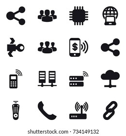 16 vector icon set : share, group, chip, notebook globe, satellite, phone pay