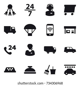 16 vector icon set : share, 24/7, call center, delivery, truck, parachute, phone wireless, gas station, taxi, service bell, bucket and broom, car wash