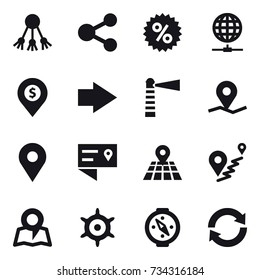 16 vector icon set : share, percent, globe connect, dollar pin, right arrow, lighthouse, map, handwheel, compass, reload