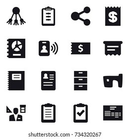 16 vector icon set : share, clipboard, receipt, annual report, pass card, atm receipt, copybook, slum, architector