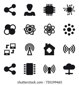 16 vector icon set : share, woman, chip, atom core, atom, round around, notebook connect, antenna, smart house, wireless