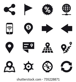 16 vector icon set : share, flag, percent, globe connect, phone wireless, dollar pin, right arrow, left arrow, map, handwheel, compass, reload