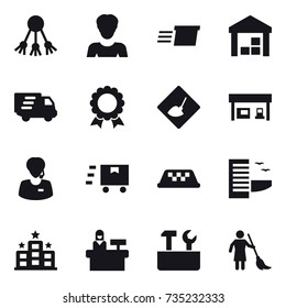 16 vector icon set : share, woman, delivery, warehouse, medal, under construction, gas station, taxi, hotel, reception, repair tools, brooming