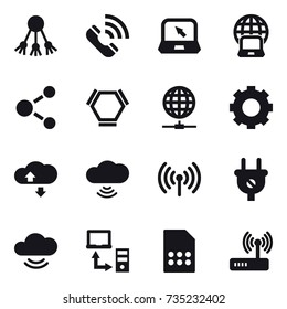 16 vector icon set : share, call, notebook, notebook globe, molecule, hex molecule, globe connect, gear, cloude service, cloud wireless, wireless