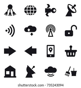 16 vector icon set : share, globe, satellite, satellite antenna, wireless, cloude service, antenna, unlock, right arrow, left arrow, home, bucket and broom