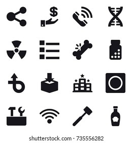 16 vector icon set : share, investment, call, dna, nuclear, list, hotel, ring button, repair tools, meat hammer