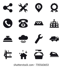 16 vector icon set : share, pencil wrench, dollar pin, medal, phone, taxi, hotel, service bell, wrench, trash truck, skyscrapers cleaning, house cleaning, washing powder, iron