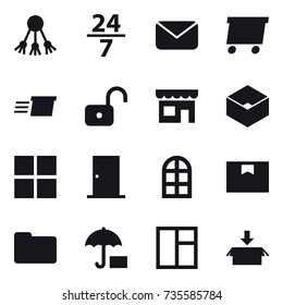 16 vector icon set : share, 24/7, mail, delivery, unlock, shop, box, window, door, arch window, package