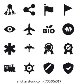 16 vector icon set : share, flag, eye, plane, bio, crypto currency, medal, train, handwheel
