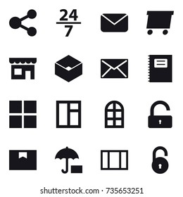 16 vector icon set : share, 24/7, mail, delivery, shop, box, copybook, window, arch window, unlock