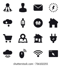 16 vector icon set : share, man, mail, lightning, cloude service, smartwatch, crypto currency, home, map