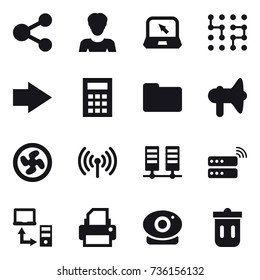16 vector icon set : share, woman, notebook, chip, right arrow, calculator, loudspeaker, cooler fan, wireless, trash bin