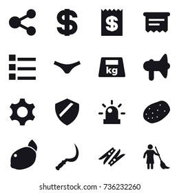 16 vector icon set : share, dollar, receipt, atm receipt, list, underpants, loudspeaker, sickle, clothespin, brooming