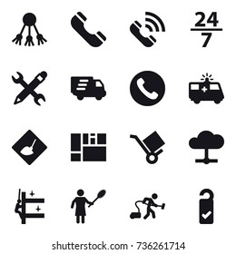 16 vector icon set : share, phone, call, 24/7, pencil wrench, delivery, under construction, skyscrapers cleaning, woman with pipidaster, vacuum cleaner, please clean