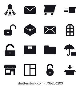 16 vector icon set : share, mail, delivery, unlock, box, arch window, shop, window, package