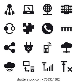 16 vector icon set : share, notebook, globe connect, server, quantum bond, puzzle, phone, bridge