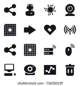 16 vector icon set : share, call center, chip, web cam, cpu, right arrow, wireless, trash bin