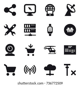 16 vector icon set : share, monitor arrow, notebook globe, satellite antenna, pencil wrench, server, smartwatch, crypto currency, web cam, add to cart, cart, wireless
