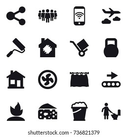 16 vector icon set : share, team, phone wireless, journey, repair, smart house, home, cooler fan, curtain, sprouting, cheese, foam bucket, toilet cleaning