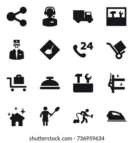 16 vector icon set : share, call center, truck, tools, under construction, baggage trolley, service bell, repair tools, skyscrapers cleaning, house cleaning, woman with pipidaster, vacuum cleaner
