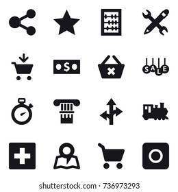16 vector icon set : share, star, abacus, pencil wrench, add to cart, money, delete cart, sale, stopwatch, column, train, first aid, map, cart, ring button