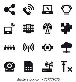 16 vector icon set : share, call, notebook, hex molecule, notebook wireless, server, antenna, puzzle, bridge, wireless