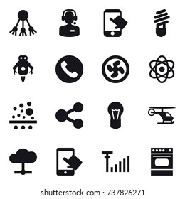 16 vector icon set : share, call center, touch, bulb, jet robot, phone, cooler fan