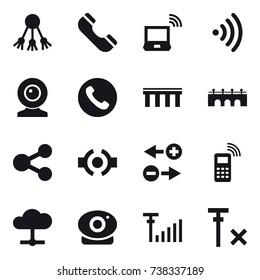 16 vector icon set : share, phone, notebook wireless, wireless, web cam, bridge