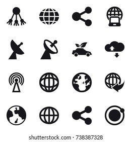 16 vector icon set : share, globe, notebook globe, satellite antenna, eco car, cloude service, antenna, earth