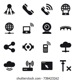 16 vector icon set : share, phone, call, notebook globe, globe connect, notebook wireless, web cam, bridge