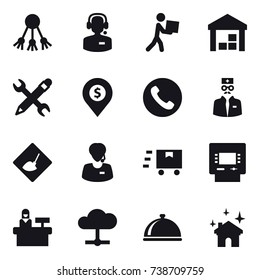 16 vector icon set : share, call center, courier, warehouse, pencil wrench, dollar pin, phone, under construction, atm, reception, house cleaning