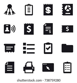 16 vector icon set : share, clipboard, receipt, annual report, pass card, account balance, atm receipt, list, clipboard list