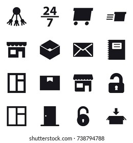 16 vector icon set : share, 24/7, delivery, shop, box, mail, copybook, window, unlocked, door, package