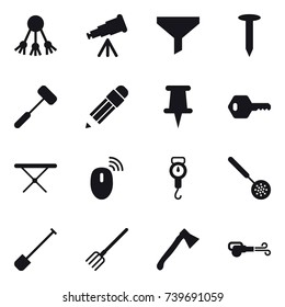16 vector icon set : share, telescope, funnel, nail, pencil, key, iron board, handle scales, skimmer, shovel, fork, axe, blower