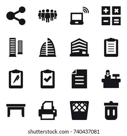 16 vector icon set : share, team, notebook wireless, calculator, skyscrapers, skyscraper, reception, table, trash bin
