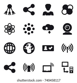 16 vector icon set : share, woman, atom core, atom, round around, cloude service, web cam, check in, wireless 16 vector icon set : share, woman, atom core, atom, round around, cloude service, web cam, check in, wireless