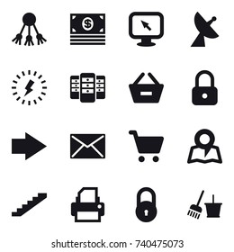 16 vector icon set : share, money, monitor arrow, satellite antenna, lightning, server, remove from basket, lock, right arrow, mail, map, stairs, bucket and broom