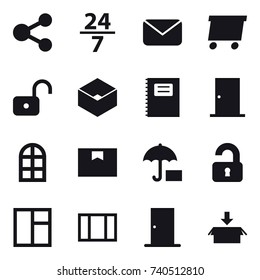16 vector icon set : share, 24/7, mail, delivery, unlock, box, copybook, door, arch window, unlocked, window, package
