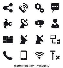 16 vector icon set : share, call, gear, message, satellite, satellite antenna, cloude service