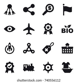 16 vector icon set : share, dollar magnifier, flag, eye, plane, medal, bio, rocket, spinner, university, train, handwheel, handle washing