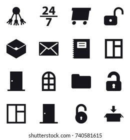 16 vector icon set : share, 24/7, delivery, unlock, box, mail, copybook, window, door, arch window, unlocked, package